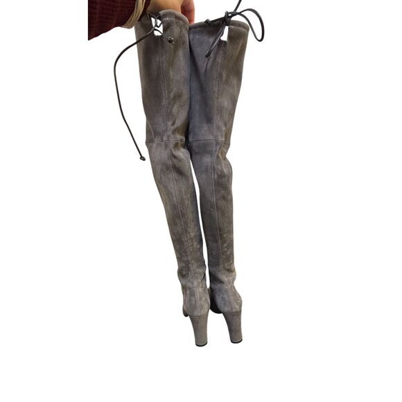 Stuart Weitzman Suede Over-The-Knee Boots Grey With Block Heel & Tie Closure Siz - Picture 4 of 14
